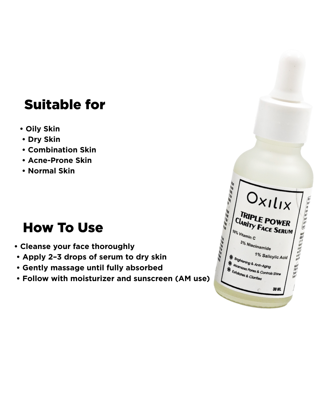 Triple power clarity face serum with 10% vitamin c, 3% Niacinamide, 1% salicylic acid